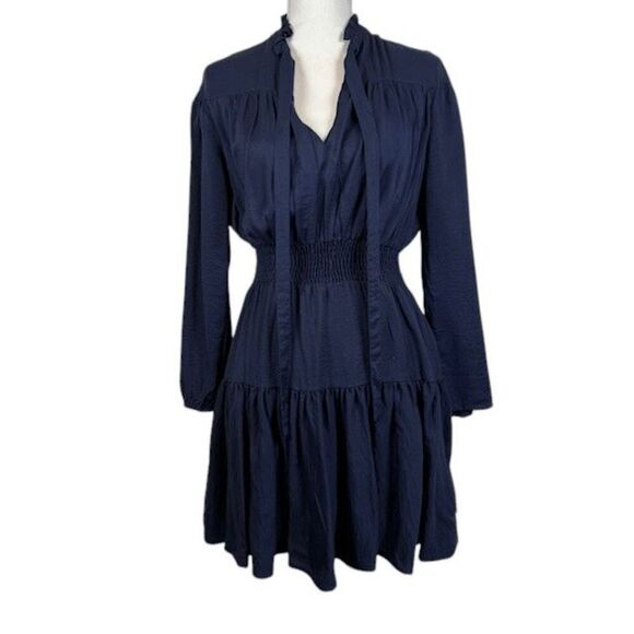 Maje Long Sleeve Mini Dress Navy Blue Tie Front Cinched Waist REPAIR Size Small - Picture 2 of 15